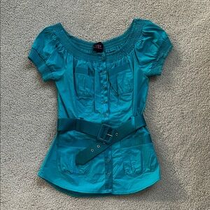 2b Bebe Teal Fitted Blouse with Embellished Details and Belt